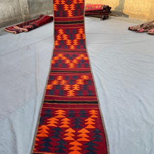 Flatweave Antique Maimana Geometric Runner Kilim 3x13 ft, Red Orange Tribal Rug, Handwoven Wool Carpet, Long Narrow Runner, Vintage Style