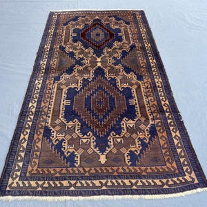 Vintage Baluchi Rug 3x6ft, Hand Knotted Wool Pile, Indigo Navy Blue Terracotta Rust, Geometric Nomadic Medallion Latchhook Accent Carpet