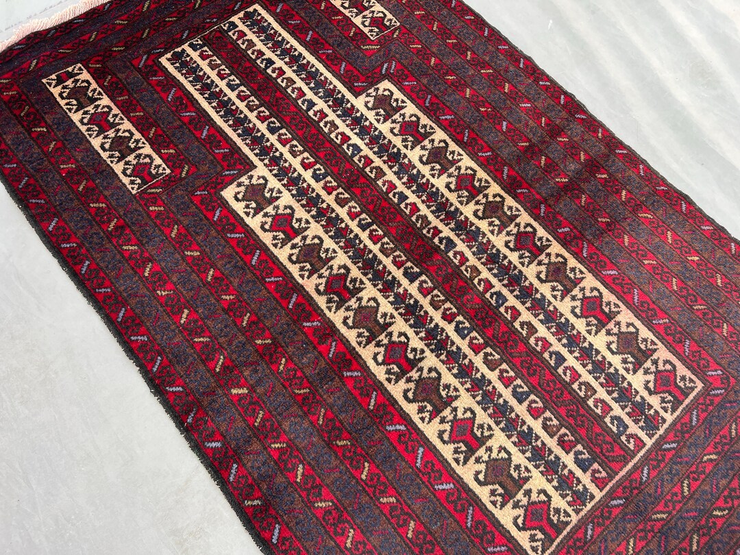Vintage Baluchi Prayer Rug 3x5 Ft, Unique Red Blue Mihrab Rug, Hand ...