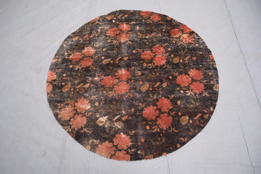 Antique Round Rug 5x5, Dark Brown Coral Pink Floral Wool Carpet, Hand ...