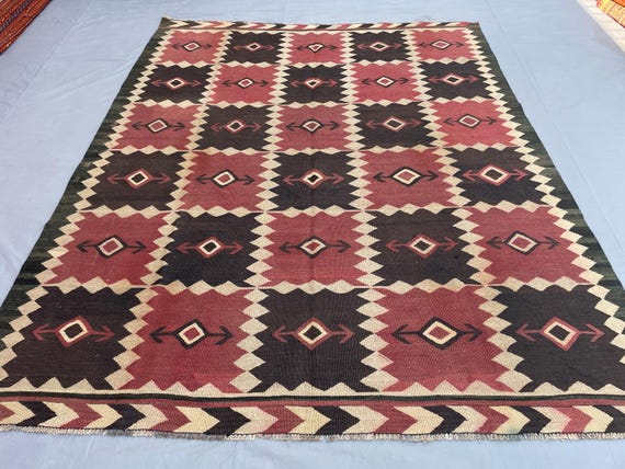 Antique 7x9 Turkish Geometric Kilim Rug, Anatolian Tribal Wool Area Rug, Boho Living Room Large Bedroom Home Decor Carpet, Handwoven Rugs