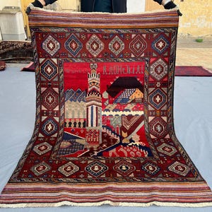Vintage Baluchi Pictorial Rug 4x6ft, Minaret Tower Cityscape Hand Knotted Wool Pile, Crimson Red Tribal Wall Hanging Folk Art Accent Carpet