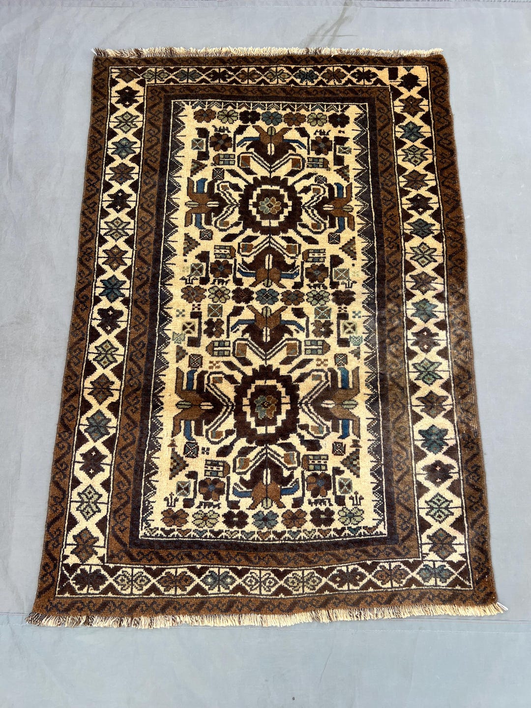 Vintage Floral Baluchi Rug 3x4 Ft, Beige Brown Geometric Rug, Hand ...