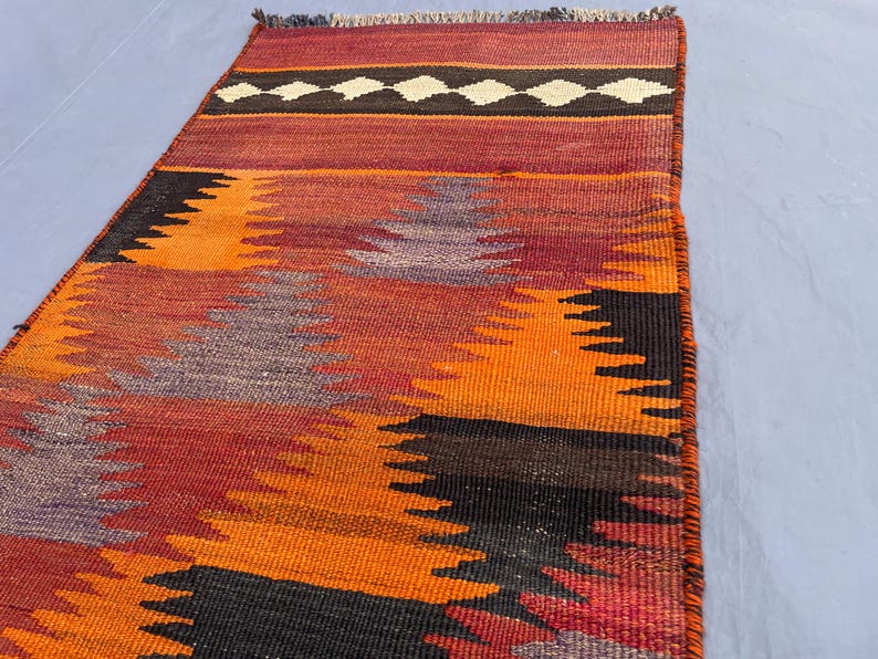 Patterned Rug Orange Antique Afghan Kilim Runner Rug 2x10ft, Geometric Flat Weave Wool ...