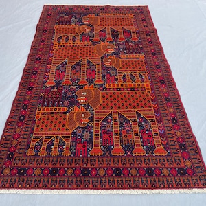 Semi Antique Baluch Pictorial Rug 4x7ft, Stylized Lion Leopard Hand Knotted Wool Pile, Navy Blue Terracotta Orange, Tribal Folk Art Carpet