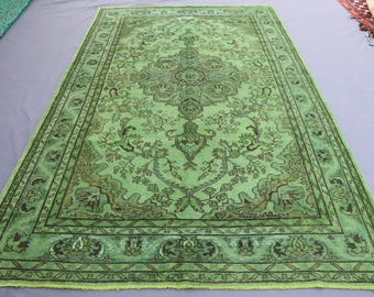 Vintage Grün Überfärbter 7 x 10 Fuß Türkisch Inspirierter Teppich Handgefertigt Kaukasischer Blumenteppich Boho Oriental Bereich Dekor Teppich Wohnzimmer Statement Stück
