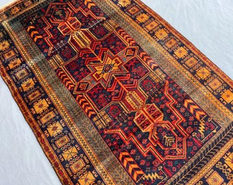 Vintage Baluchi Rug 4x6ft, Hand Knotted Wool Pile, Midnight Navy Orange Gold Terracotta, Tribal Floral Medallion Moss Green Accent Carpet
