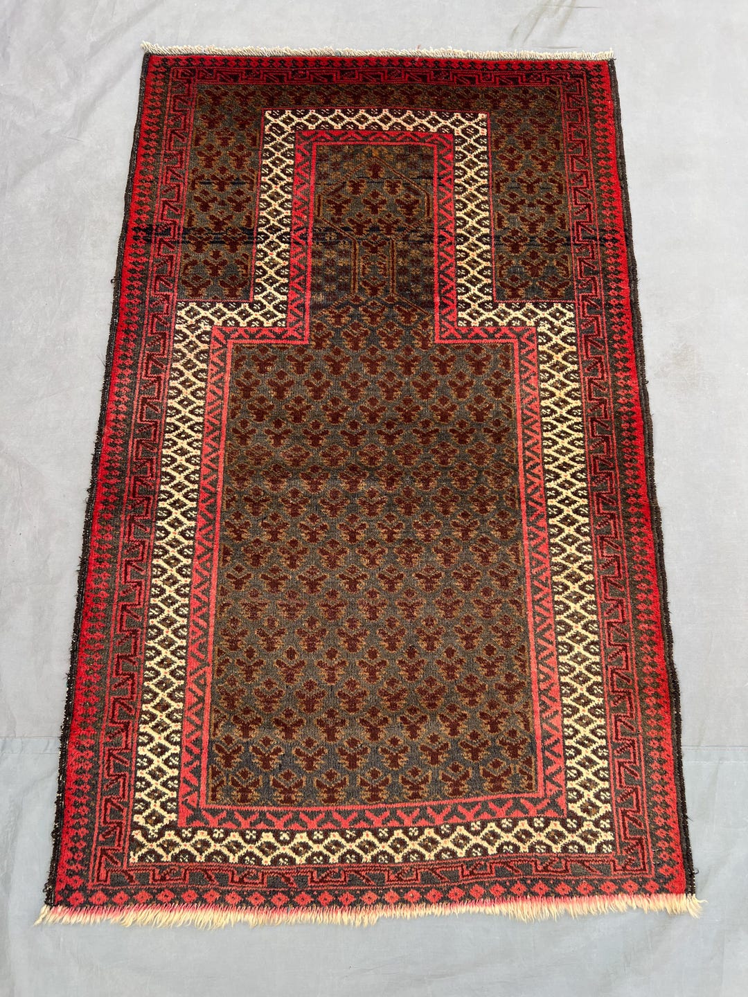 Unique Vintage Baluchi Prayer Rug 3x5 Ft, Red Blue Mihrab Rug, Hand ...