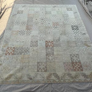 9x12 Patchwork Oushak Rug, Handmade Wool, Muted Ivory Beige Geometric Tile Panel, Large Transitional Area Rug, Wabi Sabi Neutral Decor