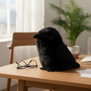 May include: A plush crow toy with soft black fur and a rounded body shape. The bird has a dark beak and small feet, positioned on a wooden surface next to a pair of black-rimmed glasses, a white mug, an open book, and a fountain pen on paper.