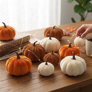 Puede incluir: Una colección de calabazas de tela de felpa en tonos naranja, marrón y blanco, cada una con un tallo marrón oscuro. Las calabazas están dispuestas sobre una superficie de madera junto a dos libros apilados, una taza blanca y luces de cadena.