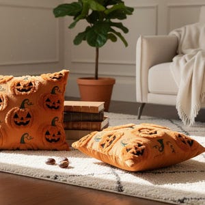 Puede incluir: Dos cojines cuadrados de color naranja con un patrón repetitivo de caras de calabaza bordadas en marrón oscuro. Los cojines tienen una superficie suave, texturizada y afelpada, y se muestran en una sala de estar con libros cerca.