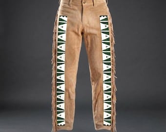 Pantalones de gamuza hechos a mano con flecos y cuentas - Pantalones de cuero estilo western boho - Ropa de festival con estilo suroeste