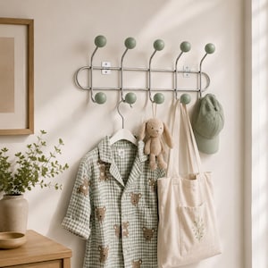 Mid Century Chrome Coat Rack with Green Ball Hooks | Scandinavian Wall Decor