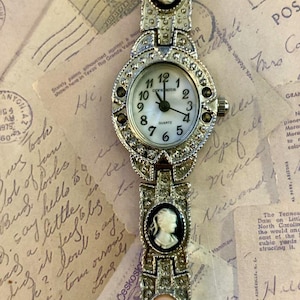 Alternating Classical Portrait Cameos Antiqued Finish Bracelet Quartz Wristwatch image 1