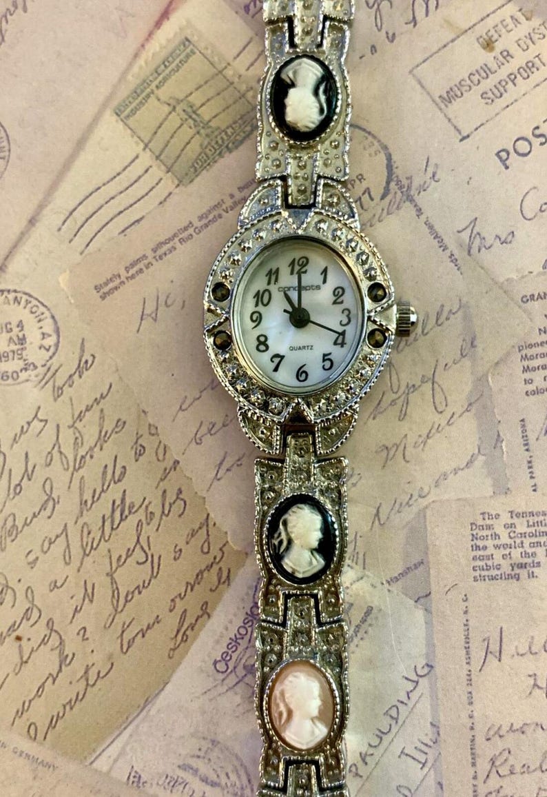 Alternating Classical Portrait Cameos Antiqued Finish Bracelet Quartz Wristwatch image 1