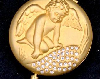 Vintage Estée Lauder Gold Angel Compact Mirror | Rhinestone Cherub Design