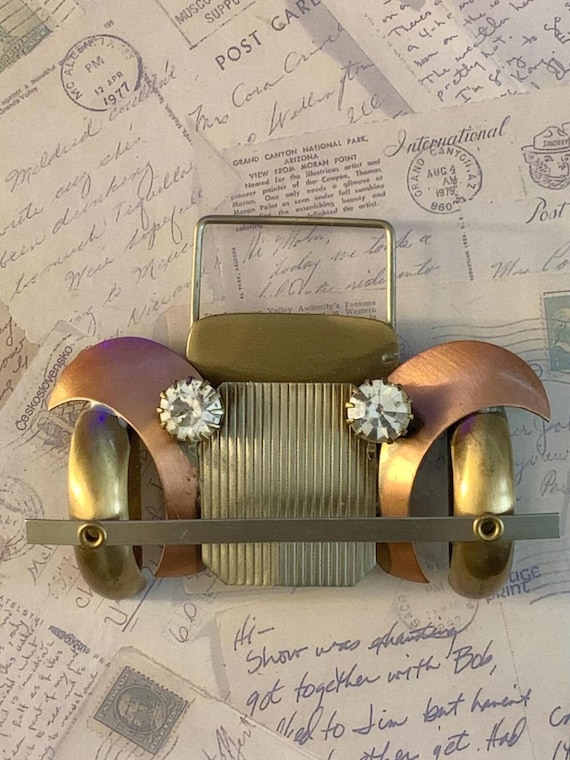 Handcrafted Mixed Metal Classic Car Brooch Copper Brass Rhinestone Automobile