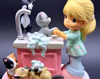 Precious Moments Adorable Cat Lover Girl Playing with Kittens by Sink