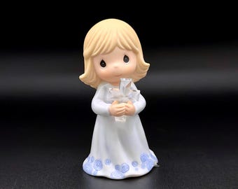Precious Moments Girl Holding Crystal Cross Lavender Dress Faith Comfort