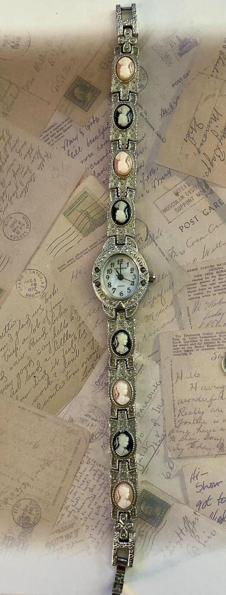 Alternating Classical Portrait Cameos Antiqued Finish Bracelet Quartz Wristwatch image 3