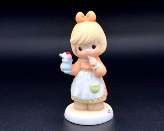 Precious Moments Girl with Ice Cream Sundae Peach Dress Cute Collectible 3"