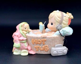 Precious Moments Figurine Girl Relaxing in Hot Tub with Cat & Headphones