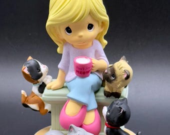 Precious Moments Figurine with Cat Mom Girl and Cats