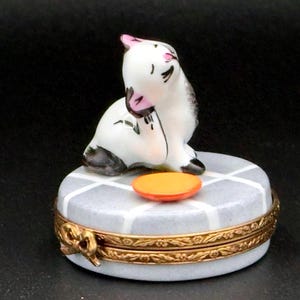 Vintage Limoges Frankrike Peint Main Porslinsmyckningsask med katt och mus inuti