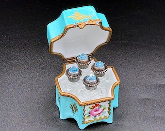 Vintage  Authentic Limoges France Teal Turquoise Perfume Vanity Trinket Box Mini Bottles