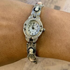 Alternating Classical Portrait Cameos Antiqued Finish Bracelet Quartz Wristwatch image 2