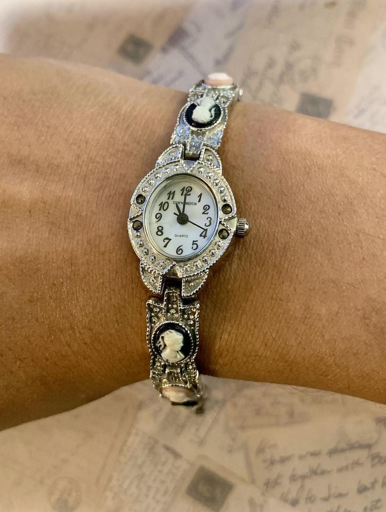 Alternating Classical Portrait Cameos Antiqued Finish Bracelet Quartz Wristwatch image 2