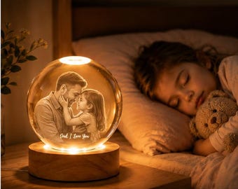 Luminária de cristal personalizada com foto, luz noturna gravada à mão, lembrança para pai e filha.