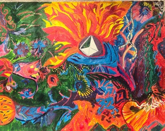 Impression d'art abstrait psychédélique : couleurs vives, formes sauvages, peinture originale