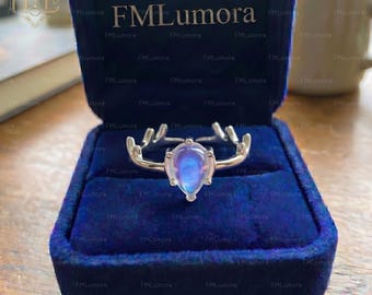 Anello con corna di cervo e pietra di luna, anello con corna di cervo della foresta, anello con corona di alce del bosco, anello con ramo di corna di alce, regalo per lei