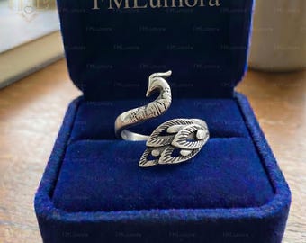 Ring zilveren pauw, artistieke vogelpauwring, tropische vogel vingerwrap, natuurpride vogelring, cadeau natuurliefhebber