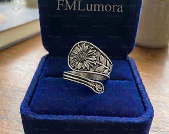Antieke zonnebloemlepelring, ring met bloeiende wilde bloemen zilverwerk, bloesem bloemen bestekring, botanisch bestek vingerwrap, cadeau voor moeder