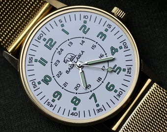 Men's Watch Pilot Style Quartz: Balalaika. Idea for gift, Christmas Gift for Men. Airplane design.