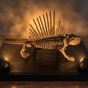 Pode incluir: Um modelo de esqueleto de Dimetrodon de cor bege com uma vela dorsal proeminente, posicionado sobre uma base retangular preta. Duas pequenas esferas pretas geométricas facetadas estão colocadas nos cantos frontais da base, ladeando a réplica.