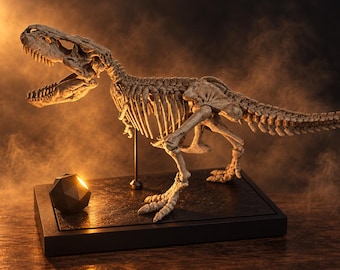 T-Rex 3D Dinosaur Skeleton – 30cm Fossil Display on Stone Base – Warm Light Paleontology Decor