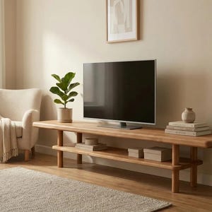 May include: A long, light-toned wooden media console with a lower shelf, featuring a flat-screen television, a potted green plant in a ceramic pot, a small ceramic vase, and a stack of three books placed on the top surface of the console.
