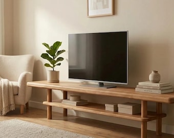 Mueble de TV moderno de madera maciza, consola multimedia de madera de haya, centro de entretenimiento minimalista, mueble de TV hecho a mano, tamaño personalizado.