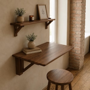 Puede incluir: Un conjunto de escritorio y estantería de madera montados en la pared en un tono marrón cálido. El escritorio se combina con un taburete a juego. Los elementos decorativos incluyen pequeñas plantas en macetas, una impresión enmarcada y una vela.