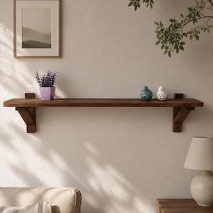 Op de afbeelding: Een lange wandplank van donkerbruin hout, ondersteund door twee bijpassende houten beugels. Op de plank staat een kleine paarse pot met lavendelkleurige bloemen, een blauw decoratief vogelbeeldje en een wit decoratief vogelbeeldje.