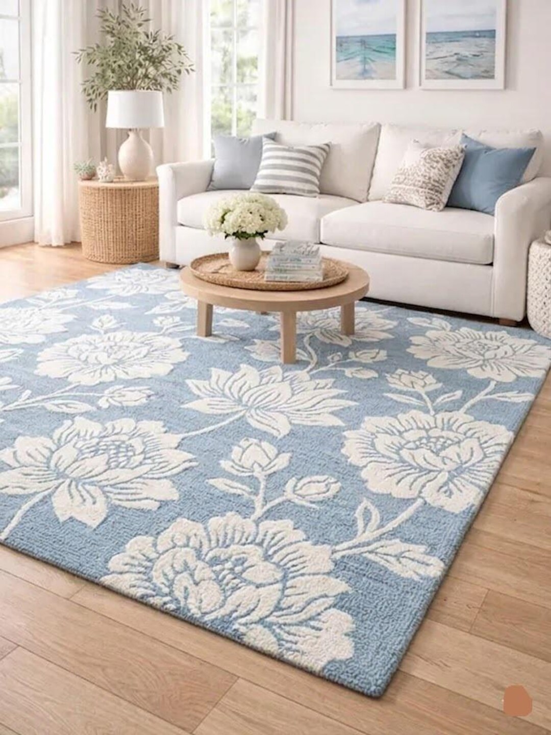 Hand Tufted Blue Floral Rug, Handmade Wool Area Rug, Modern Botanical ...