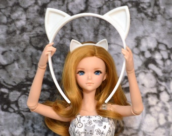 A matched set: White Cat Ears Headband to fit 8-9" doll heads paired with a matching human-sized headband
