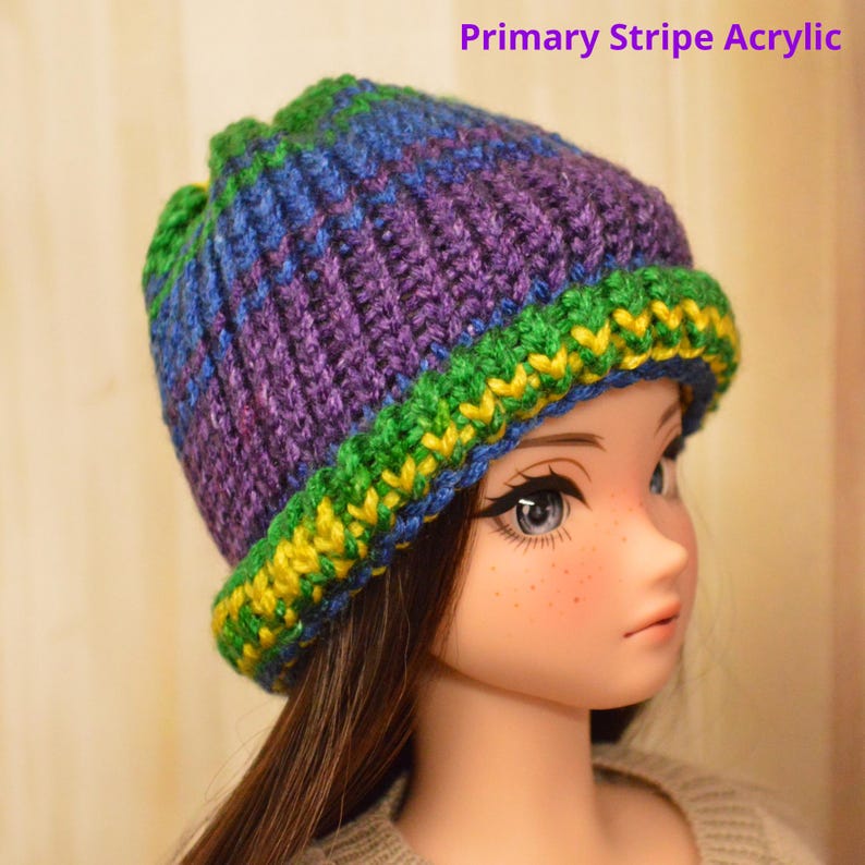 Smart Doll hand-knit Hats in color choices Primary Stripe