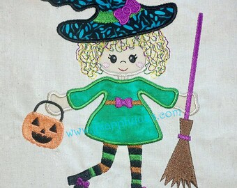 Instant Download - Halloween Designs Witch Design Embroidery Applique - Little Witch with Broomstick Design 4x4, 5x7, 6x10 hoop sizes