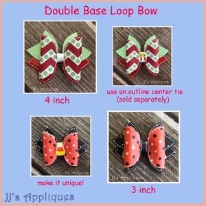 Op de afbeelding: Twee dubbele lus strikken, een rood en groen met witte stippen en een oranje en zwart met witte stippen. De strikken zijn 10 cm en 7,5 cm groot. De tekst "Double Base Loop Bow" staat bovenaan de afbeelding. De tekst "JJ's Appliques" staat onderaan de afbeelding.