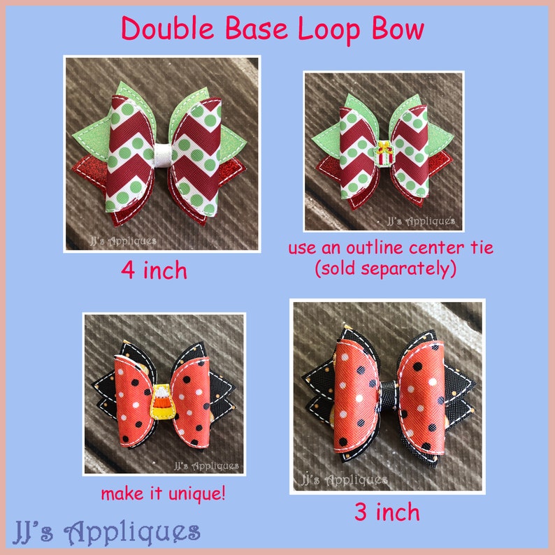 Op de afbeelding: Twee dubbele lus strikken, een rood en groen met witte stippen en een oranje en zwart met witte stippen. De strikken zijn 10 cm en 7,5 cm groot. De tekst "Double Base Loop Bow" staat bovenaan de afbeelding. De tekst "JJ's Appliques" staat onderaan de afbeelding.